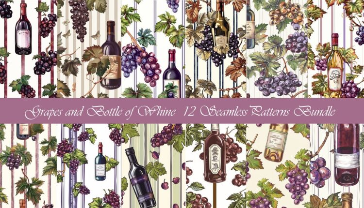 Grapes and Bottle of Wine - 12 Seamless Patterns Bundle